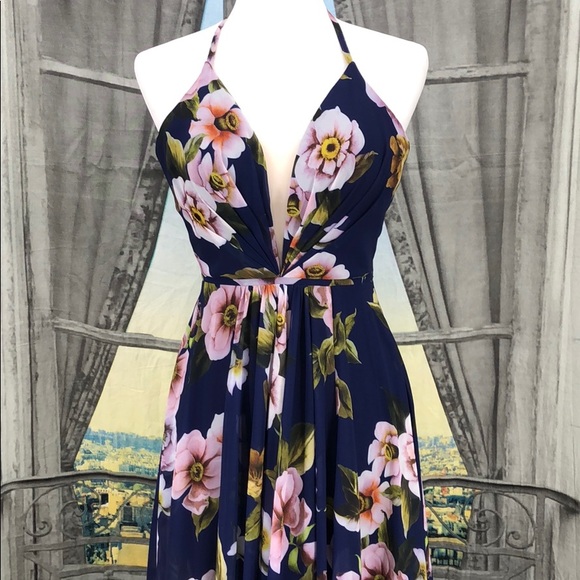 Faviana Blue Floral Chiffon Evening Gown Size 0 - Picture 4 of 8